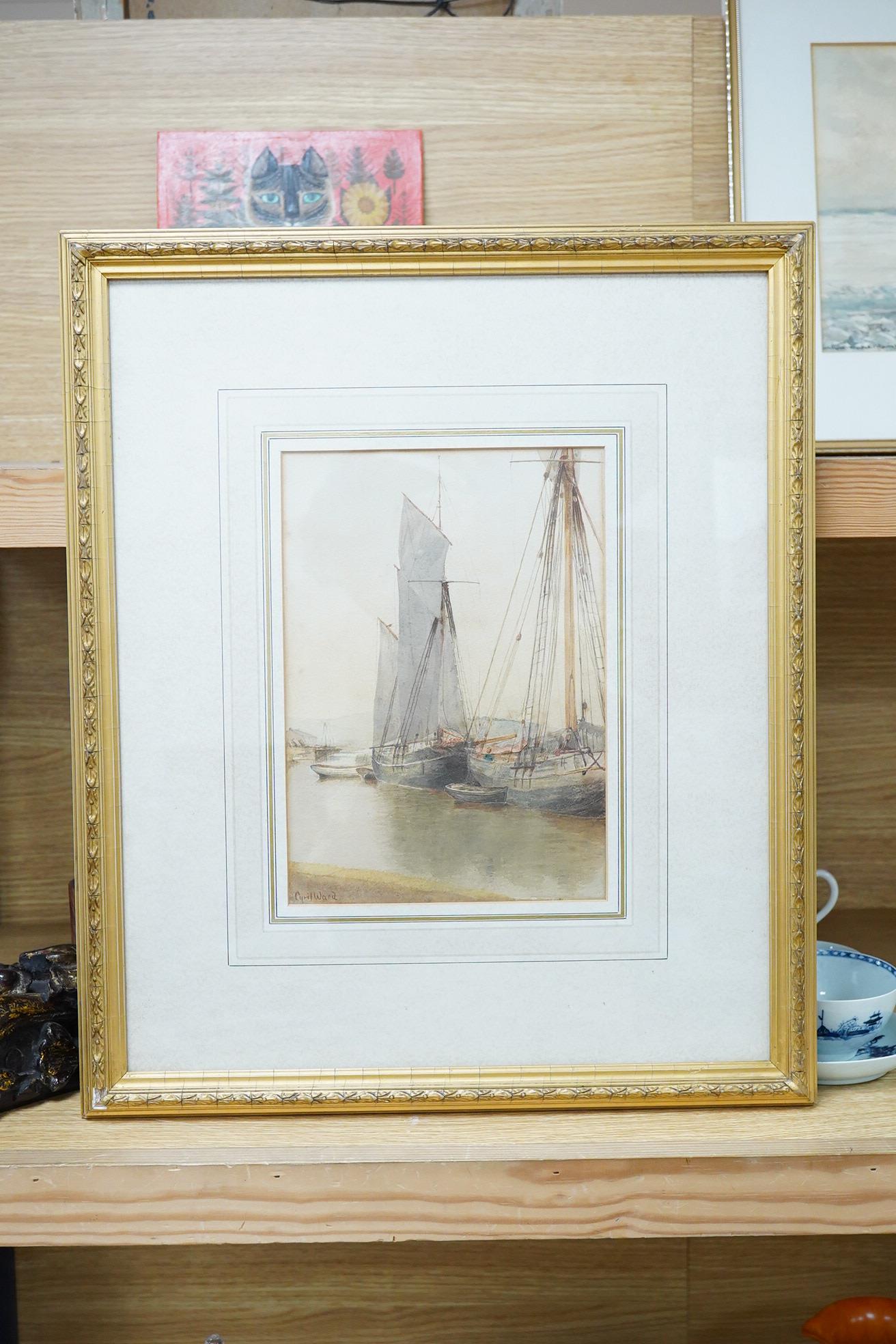 Cyril Ward (1863-1935), Moored fishing boats, signed, watercolour, details verso, 25 x 17cm